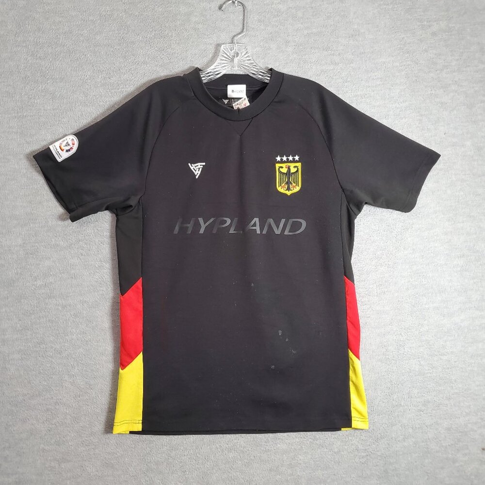 Hypland Men‎ Shirt Medium Black Red Yellow Colorblock Logo Graphic Crew Neck Tee